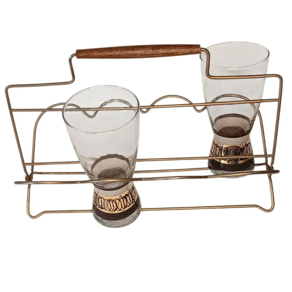Vintage Mid-century Modern Gold Metal 8 Glass Holder Caddy Wooden Handle